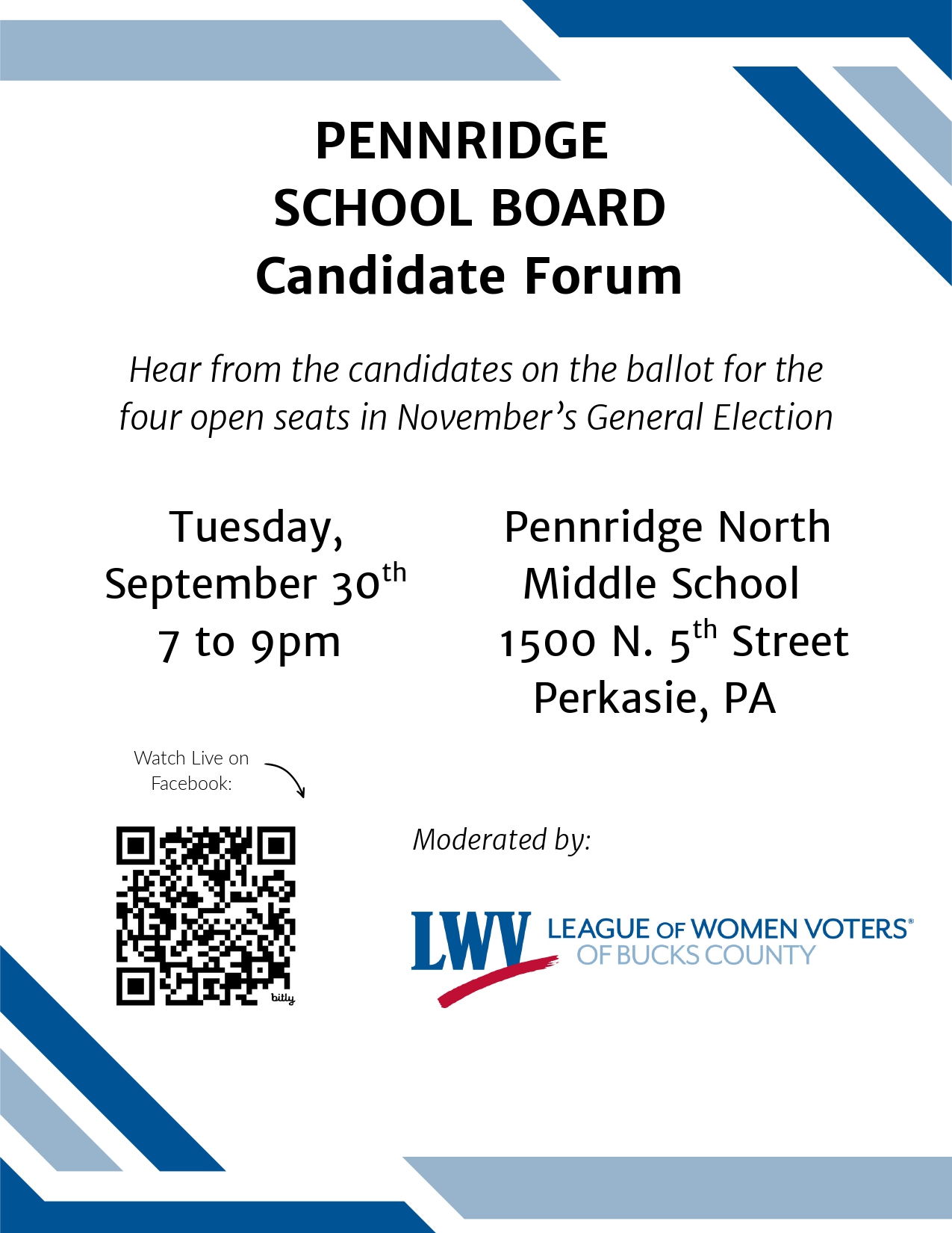 Pennridge School Board Candidates Forum, Tuesday September 30 from 7:00-9:00 PM at North Middle School