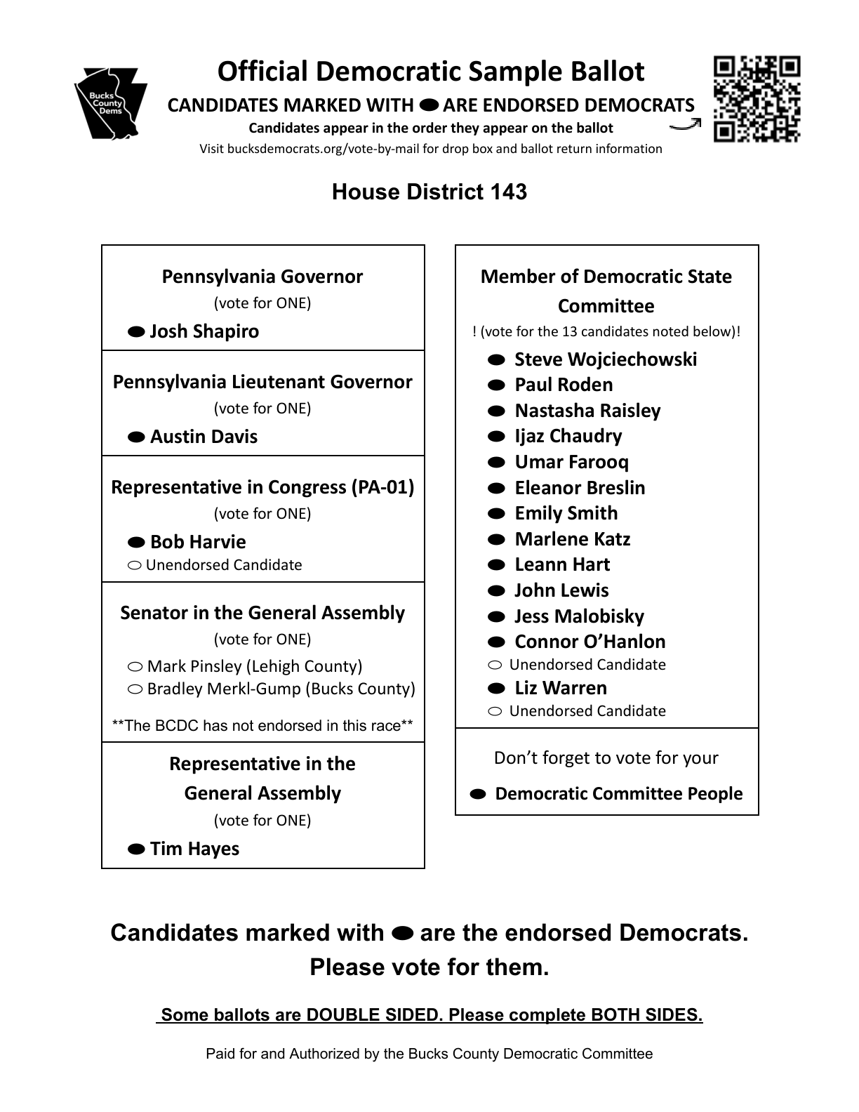 143rd District Sample Ballot