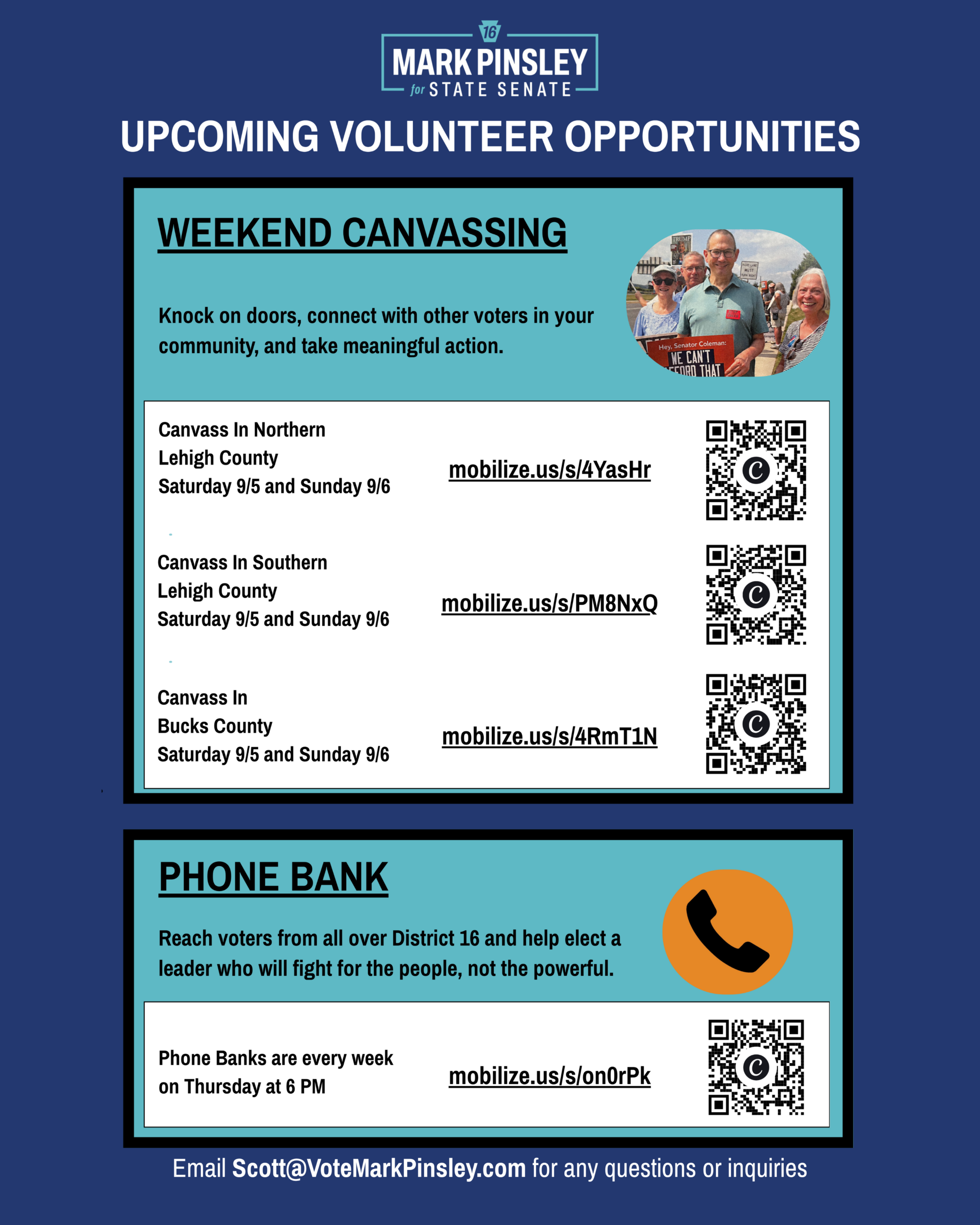 Mark Pinsley for State Senate upcoming volunteer opportunities flyer